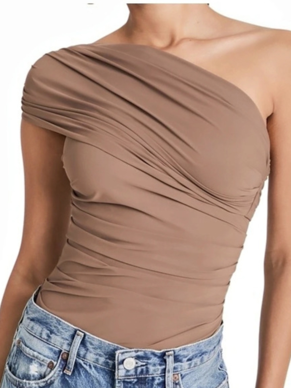 Goldsign Tan Ayers Ruched One-Shoulder Bodysuit Size Medium